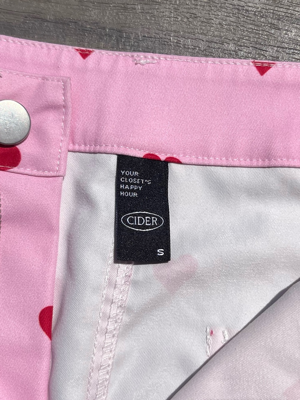 Cider; High Rise; Red Polka Dot Style Heart Print; Pink Flared Trousers; Small - Picture 2 of 10